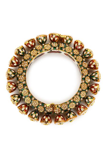 Shop Ruby Raang Green Metallic Thread, Zari Enamelled Kundan Embellished Bangle - Single Pc Online at Aza Fashions Shop_Ruby Raang_Green Metallic Thread, Zari Enamelled Kundan Embellished Bangle - Single Pc _Online_at_Aza_Fashions