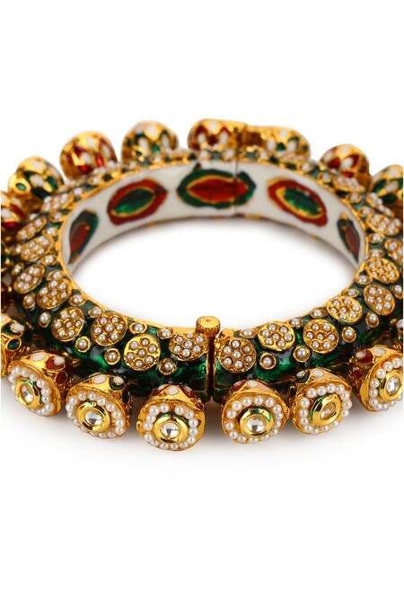 Ruby Raang Green Metallic Thread, Zari Enamelled Kundan Embellished Bangle - Single Pc at Aza Fashions Ruby Raang_Green Metallic Thread, Zari Enamelled Kundan Embellished Bangle - Single Pc _at_Aza_Fashions