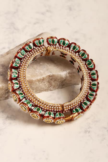 Shop Ruby Raang Gold Plated Kundan Embellished Enamelled Bangle - Single Pc at Aza Fashions Shop_Ruby Raang_Gold Plated Kundan Embellished Enamelled Bangle - Single Pc _at_Aza_Fashions