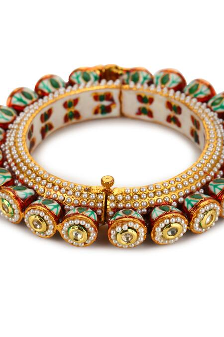 Ruby Raang Gold Plated Kundan Embellished Enamelled Bangle - Single Pc at Aza Fashions Ruby Raang_Gold Plated Kundan Embellished Enamelled Bangle - Single Pc _at_Aza_Fashions