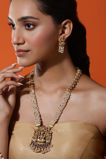 Ruby Raang Kundan Embellished Bead Drop Necklace 