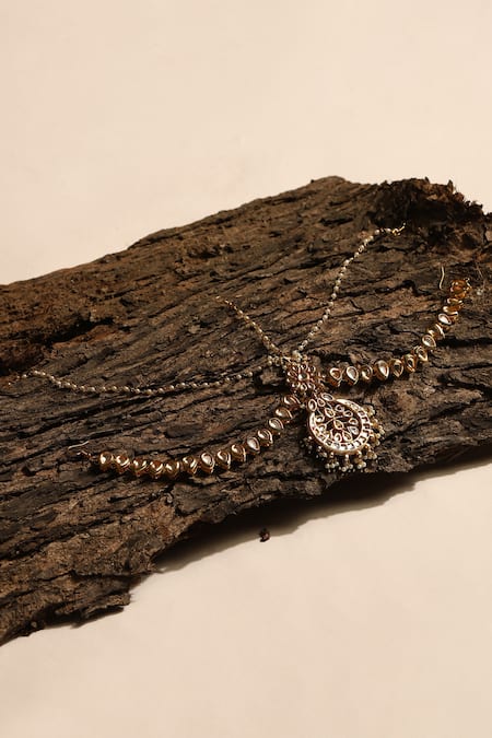 Shop Ruby Raang Gold Plated Chand Embellished Mathapatti at Aza Fashions Shop_Ruby Raang_Gold Plated Chand Embellished Mathapatti _at_Aza_Fashions