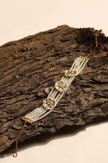 Shop Ruby Raang Gold Pearls, Rhinestones Kundan Floral Embellished Headband at Aza Fashions Shop_Ruby Raang_Gold Pearls, Rhinestones Kundan Floral Embellished Headband _at_Aza_Fashions