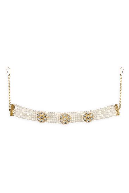 Ruby Raang Gold Pearls, Rhinestones Kundan Floral Embellished Headband Online at Aza Fashions Ruby Raang_Gold Pearls, Rhinestones Kundan Floral Embellished Headband _Online_at_Aza_Fashions