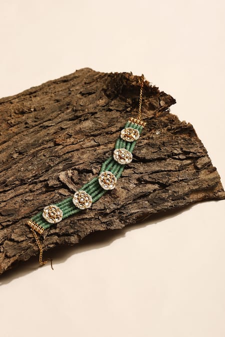 Shop Ruby Raang Green Beads, Embroidery Kundan Embellished Headband at Aza Fashions Shop_Ruby Raang_Green Beads, Embroidery Kundan Embellished Headband _at_Aza_Fashions