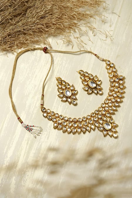Shop Ruby Raang Gold Plated Diamonds, Stones Kundan Embellished Floral Necklace Set at Aza Fashions Shop_Ruby Raang_Gold Plated Diamonds, Stones Kundan Embellished Floral Necklace Set _at_Aza_Fashions