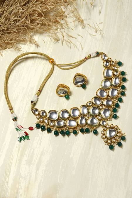 Shop Ruby Raang Gold Plated Beads, Diamonds Kundan Embellished Choker Set at Aza Fashions Shop_Ruby Raang_Gold Plated Beads, Diamonds Kundan Embellished Choker Set _at_Aza_Fashions