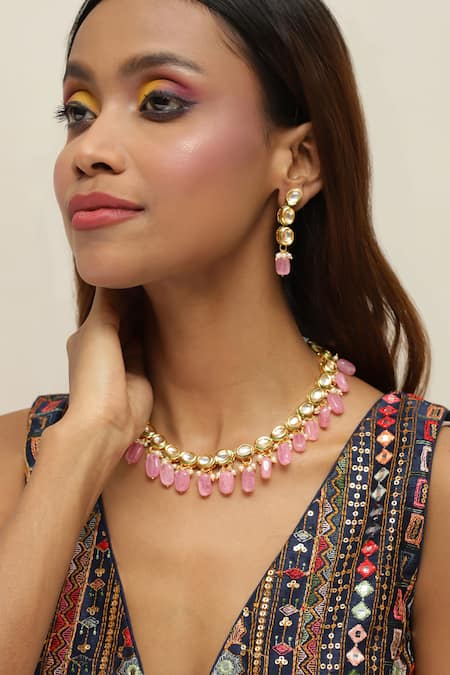 Ruby Raang Gold Plated Kundan And Bead Embellished Choker Set 