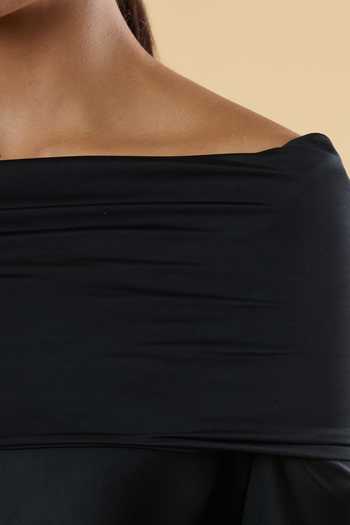 Shop_Naintara Bajaj_Black Polyester Solid Off Shoulder Plain Overfold Maxi Dress_Online_at_Aza_Fashions