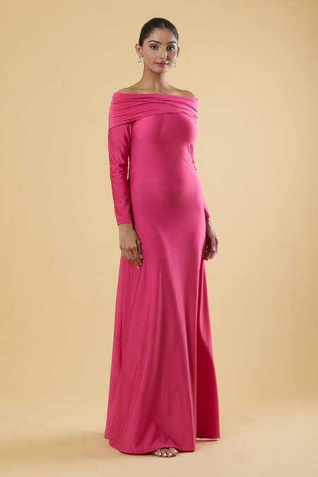 Naintara Bajaj_Pink Polyester Solid Off Shoulder Overfold Full Sleeve Maxi Dress_Online_at_Aza_Fashions