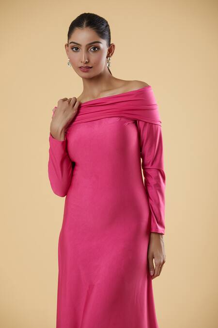 Buy_Naintara Bajaj_Pink Polyester Solid Off Shoulder Overfold Full Sleeve Maxi Dress_Online_at_Aza_Fashions