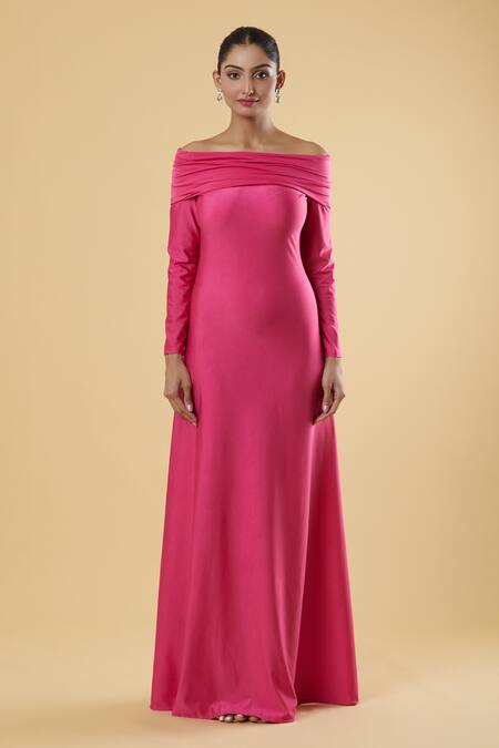 Naintara Bajaj_Pink Polyester Solid Off Shoulder Overfold Full Sleeve Maxi Dress_at_Aza_Fashions