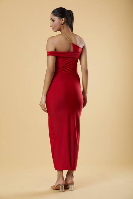 Shop Samyukta Singhania Red Polyester One Shoulder Plain Maxi Dress at Aza Fashions Shop_Samyukta Singhania_Red Polyester One Shoulder Plain Maxi Dress_at_Aza_Fashions