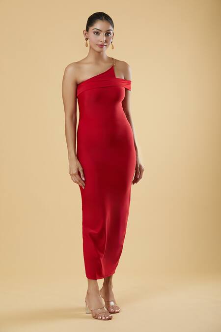 Samyukta Singhania Red Polyester One Shoulder Plain Maxi Dress Online at Aza Fashions Samyukta Singhania_Red Polyester One Shoulder Plain Maxi Dress_Online_at_Aza_Fashions