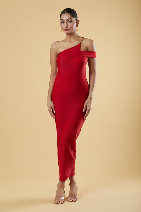 Buy Samyukta Singhania Red Polyester One Shoulder Plain Maxi Dress Online at Aza Fashions Buy_Samyukta Singhania_Red Polyester One Shoulder Plain Maxi Dress_Online_at_Aza_Fashions