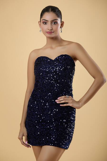 Shop_Samyukta Singhania_Blue Velvet Sequins Sweetheart Neck Dazzle And Shine Tube Dress_Online_at_Aza_Fashions