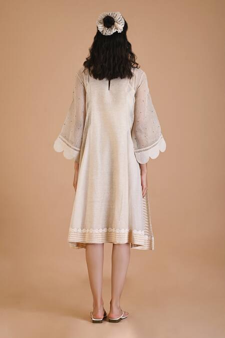 Shop_Mityan_Ivory Jute Silk Hand Embroidered Floral Round Acanthus Dress With Inner _at_Aza_Fashions