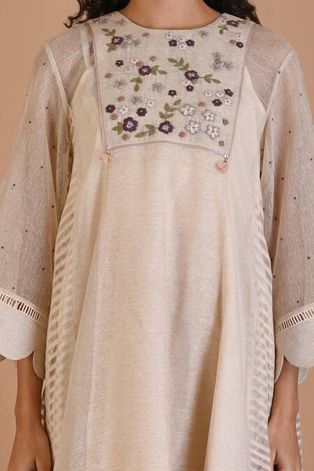 Mityan_Ivory Jute Silk Hand Embroidered Floral Round Acanthus Dress With Inner _Online_at_Aza_Fashions