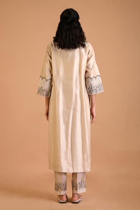 Shop Mityan Ivory Silk, Chanderi Embroidery Collared Aloe Placket Tunic And Pant Set at Aza Fashions Shop_Mityan_Ivory Silk, Chanderi Embroidery Collared Aloe Placket Tunic And Pant Set _at_Aza_Fashions
