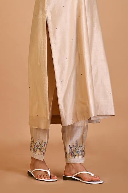 Mityan Ivory Silk, Chanderi Embroidery Collared Aloe Placket Tunic And Pant Set Online at Aza Fashions Mityan_Ivory Silk, Chanderi Embroidery Collared Aloe Placket Tunic And Pant Set _Online_at_Aza_Fashions