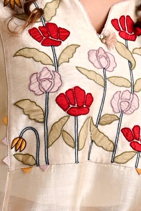 Mityan Ivory Silk Chanderi Hand Embroidered Floral Bellflower Yoke Tunic With Inner Online at Aza Fashions Mityan_Ivory Silk Chanderi Hand Embroidered Floral Bellflower Yoke Tunic With Inner _Online_at_Aza_Fashions