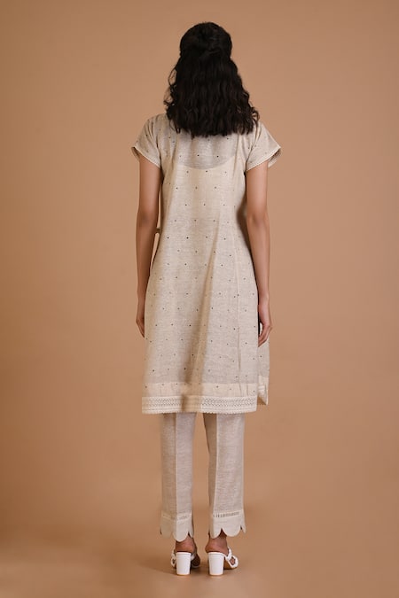 Shop Mityan Ivory Jersey, Silk Lace, Embroidery V-neck Brittle Bush Tunic Set at Aza Fashions Shop_Mityan_Ivory Jersey, Silk Lace, Embroidery V-neck Brittle Bush Tunic Set _at_Aza_Fashions