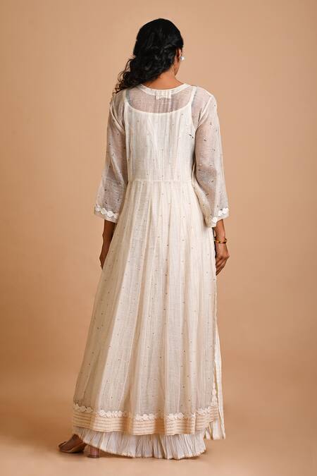 Shop Mityan Ivory Jute Silk Hand Embroidered Polka Dots Bryony Asymmetric Tunic With Inner at Aza Fashions Shop_Mityan_Ivory Jute Silk Hand Embroidered Polka Dots Bryony Asymmetric Tunic With Inner _at_Aza_Fashions