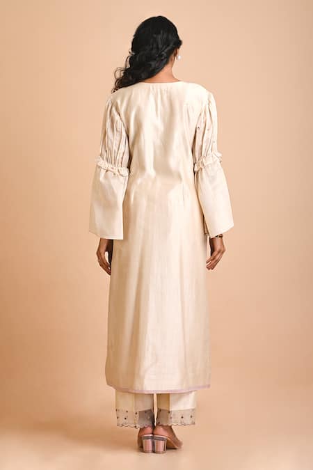 Shop Mityan Ivory Silk, Chanderi Embroidery, Zari Round Neck Buck Bean Tunic And Pant Set at Aza Fashions Shop_Mityan_Ivory Silk, Chanderi Embroidery, Zari Round Neck Buck Bean Tunic And Pant Set _at_Aza_Fashions