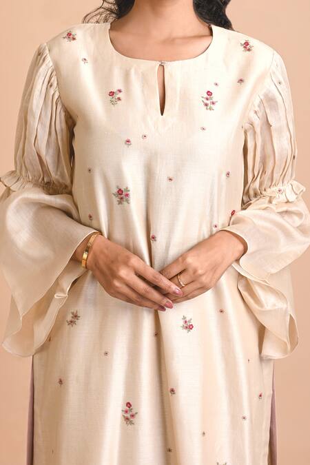 Buy Mityan Ivory Silk, Chanderi Embroidery, Zari Round Neck Buck Bean Tunic And Pant Set Online at Aza Fashions Buy_Mityan_Ivory Silk, Chanderi Embroidery, Zari Round Neck Buck Bean Tunic And Pant Set _Online_at_Aza_Fashions