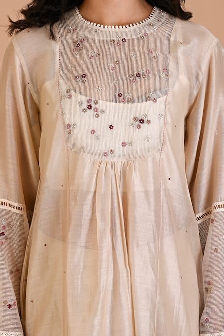 Shop Mityan Ivory Silk, Chanderi Embroidery Round Neck Cactus Floral Tunic Set at Aza Fashions Shop_Mityan_Ivory Silk, Chanderi Embroidery Round Neck Cactus Floral Tunic Set _at_Aza_Fashions