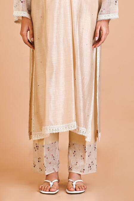 Mityan Ivory Silk, Chanderi Embroidery Round Neck Cactus Floral Tunic Set Online at Aza Fashions Mityan_Ivory Silk, Chanderi Embroidery Round Neck Cactus Floral Tunic Set _Online_at_Aza_Fashions