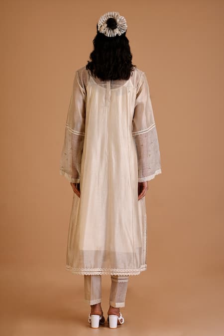 Shop_Mityan_Ivory Silk, Chanderi Embroidery Round Neck Date Floral Tunic Set _at_Aza_Fashions