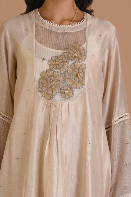 Buy_Mityan_Ivory Silk, Chanderi Embroidery Round Neck Date Floral Tunic Set _Online_at_Aza_Fashions