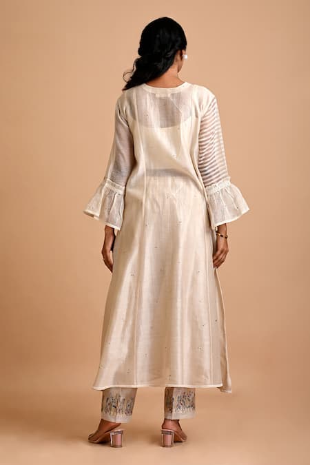 Shop_Mityan_Ivory Silk Chanderi Embroidered Polka Dots Round Dogger Kurta With Inner _at_Aza_Fashions