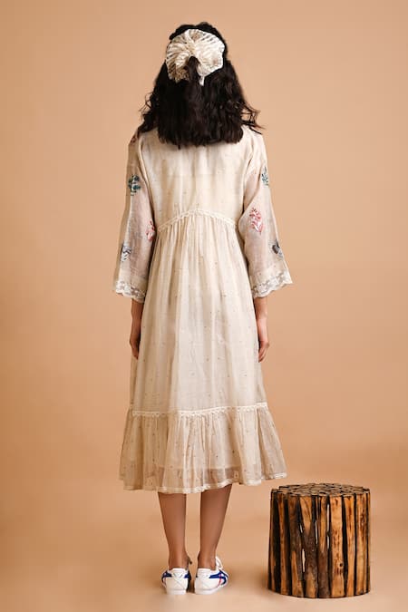 Shop Mityan Ivory Embroidery V-neck Dragon Plant Dress With Inner at Aza Fashions Shop_Mityan_Ivory Embroidery V-neck Dragon Plant Dress With Inner _at_Aza_Fashions