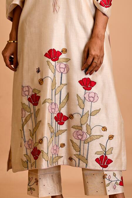 Mityan_Ivory Silk, Chanderi Embroidery Round Neck Holly Hand Tunic And Pant Set _Online_at_Aza_Fashions