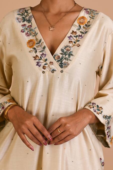 Buy_Mityan_Ivory Silk, Chanderi Embroidery V-neck Milfoil Tunic And Pant Set _Online_at_Aza_Fashions