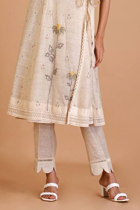 Mityan_Ivory Jacquard Lace V-neck Misty Embroidered Angarkha Pant Set _Online_at_Aza_Fashions