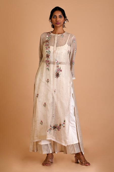 Mityan Ivory Jute Silk Embroidered Thread Round Myrtle Floral Tunic 