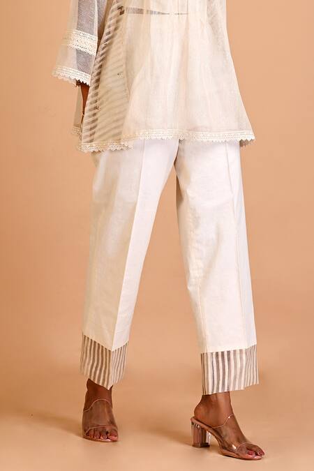 Mityan_Ivory Jute Silk Embroidered Thread Round Orchid Short Kurta Pant Set _Online_at_Aza_Fashions