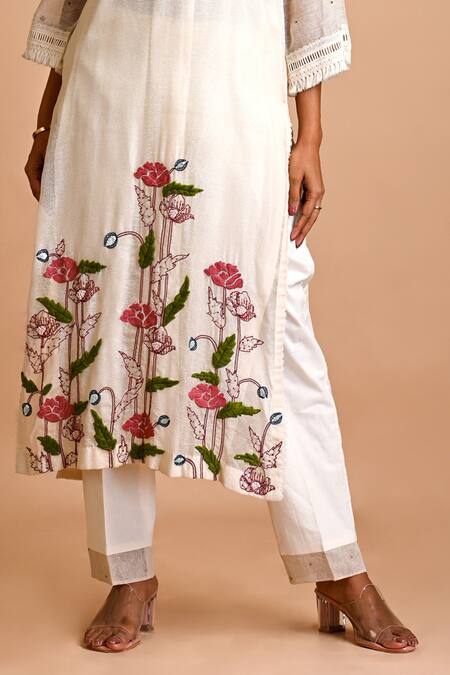 Mityan_Ivory Jacquard Embroidery Round Neck Osmunda Kurta Pant Set _Online_at_Aza_Fashions