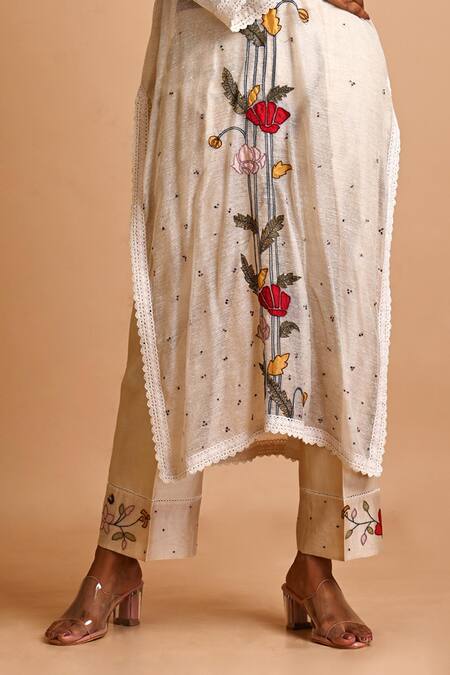 Mityan_Ivory Jersey, Silk Embroidery V-neck Pancy Tunic And Pant Set _Online_at_Aza_Fashions
