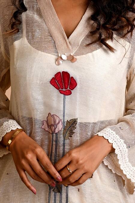 Buy_Mityan_Ivory Jersey, Silk Embroidery V-neck Pancy Tunic And Pant Set _Online_at_Aza_Fashions