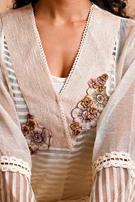 Buy Mityan Ivory Jersey Embroidery V-neck Peony Striped Kurta Pant Set Online at Aza Fashions Buy_Mityan_Ivory Jersey Embroidery V-neck Peony Striped Kurta Pant Set _Online_at_Aza_Fashions