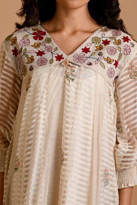 Mityan_Ivory Jute Silk Embroidered Thread V Neck Quince Dress With Inner _Online_at_Aza_Fashions