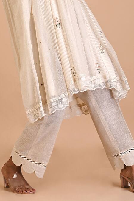 Mityan_Ivory Jersey Embroidery Round Neck Rosebay Pleated Tunic Pant Set _Online_at_Aza_Fashions