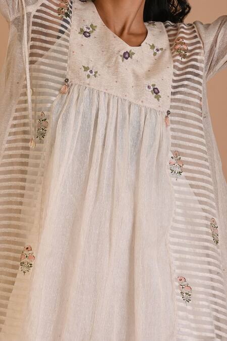 Buy_Mityan_Ivory Jersey Embroidery Round Neck Rosebay Pleated Tunic Pant Set _Online_at_Aza_Fashions