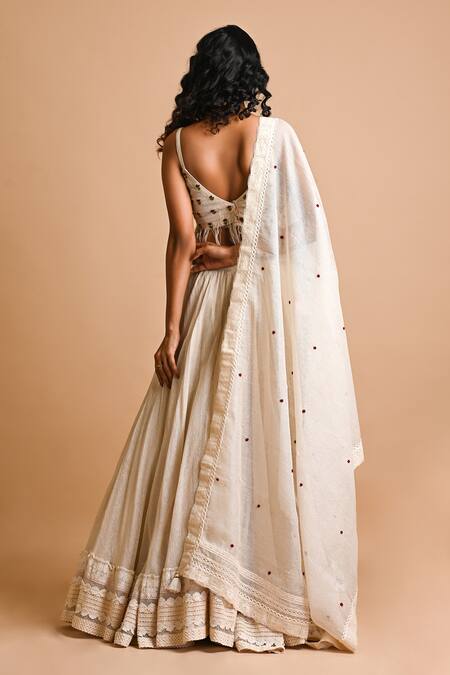 Shop_Mityan_Ivory Jersey Lace, Embroidery Square Neck Sage Lehenga Set _at_Aza_Fashions