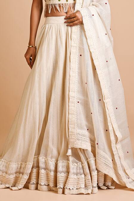 Mityan_Ivory Jersey Lace, Embroidery Square Neck Sage Lehenga Set _Online_at_Aza_Fashions