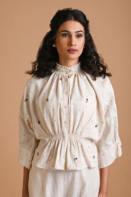 Buy_Mityan_Ivory Jute Silk Embroidered Thread High Neck Snowball Top And Cullotte Pant Set _Online_at_Aza_Fashions
